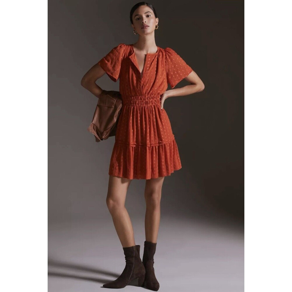Anthropologie Somerset Mini Dress Polka Dot Terra Cotta Orange Women’s Size L